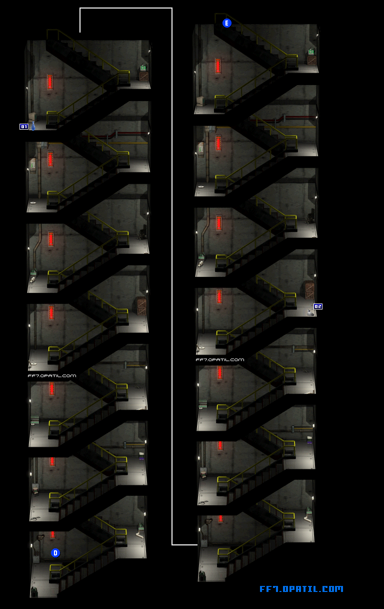 神羅ビル・非常階段ルート4 マップ画像：ファイナルファンタジー7 完全攻略